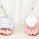 Female Hands Holding Paper Cut Brain And Soul. Conflict Between Emotions And Rational Thinking. Balance And Equilibrium Between Mind And Heart Concept